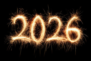 Happy New Year 2026 sparkler light writing on black background, festive celebration concept