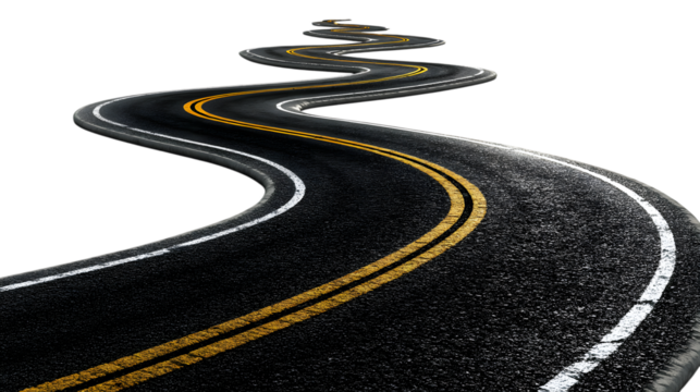 Winding asphalt road with yellow and white lines disappearing into the distance on transparent background