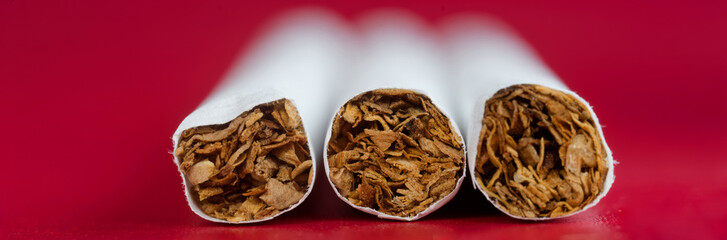 Extreme macro of three modern cigarettes showing packed tobacco ends on bright red background, panoramic web banner about smoking harm and risk, high resolution detail. Photo