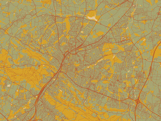 Contemporary flat map of Bielefeld, Germany design with earthy sage background with rust roadways and ochre details.