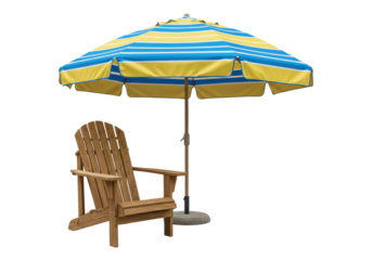 Isolated patio scene features wooden Adirondack chair and an umbrella with striped canopy