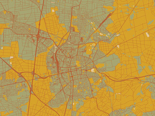 Poster-ready flat map of Darmstadt, Germany, sage green ground with rust-red roads and ochre accents.