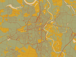 Minimalist flat city map of Dessau, Germany with sage/olive tone field with rust networks and ochre shapes, cream water.