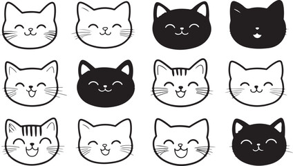 A cute collection of funny black cat character icons, vector illustrations, and animal face designs