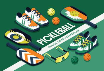 Isometric cartoon pickleball court composition with gear elements