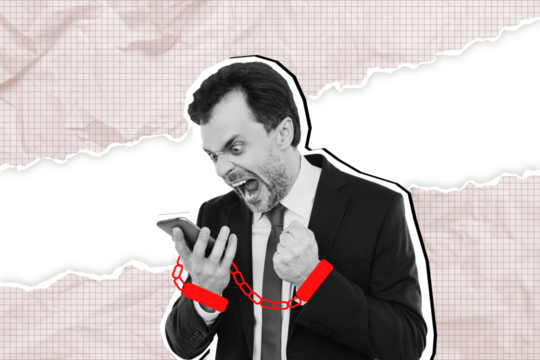 Composite photo collage of angry man scream phone broke device wear suit handcuffs hostage technology isolated on painted background