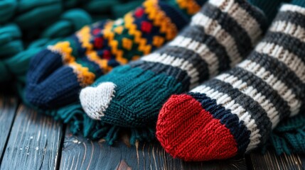 Colorful Handknit Socks with Unique Patterns and Stripes on a Textured Wooden Surface