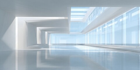 Obraz premium Bright modern white interior hall with reflective floor and glass windows.