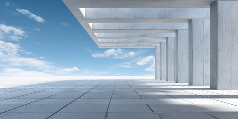 Obraz premium Modern architectural outdoor space with concrete structures and a vast sky.