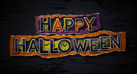 Festive happy halloween message with spooky elements and torn paper effect on a dark background