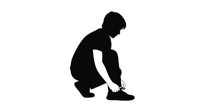 Silhouette of a young person crouching down to tie their shoelaces, ready for an activity
