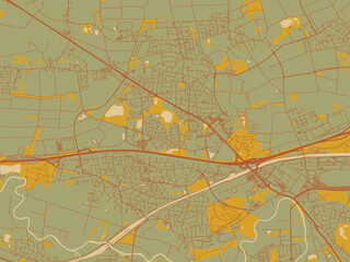Obraz premium Abstract flat-design map of Garbsen, Germany, featuring sage/olive tone field with rust networks and ochre shapes, cream water.
