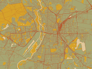 Contemporary flat map of Halle, Germany design with muted sage base, rust-colored roads, and soft ochre highlights.