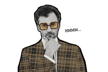 Composite photo collage of serious businessman think hesitate hmmm dilemma solution unsure deal decision isolated on painted background