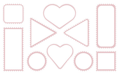 Outline stamp frame with heart edge. Postage shape border for mail card template. Vintage perforated envelope label with zigzag line. Postmark note sample graphic set. Empty cut travel sticker.