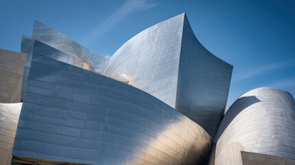 Gleaming Metallic Curves of a Contemporary Architectural Landmark Under Blue Sky