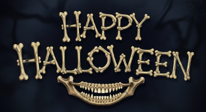Happy halloween text made from bones with a scary jawbone and sharp teeth against a dark background - Powered by Adobe