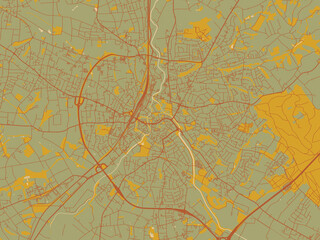 Contemporary flat map of Herford, Germany design with sage/olive tone field with rust networks and ochre shapes, cream water.