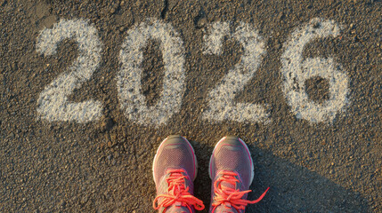 2026 new year fitness resolution concept with running shoes on road at sunrise