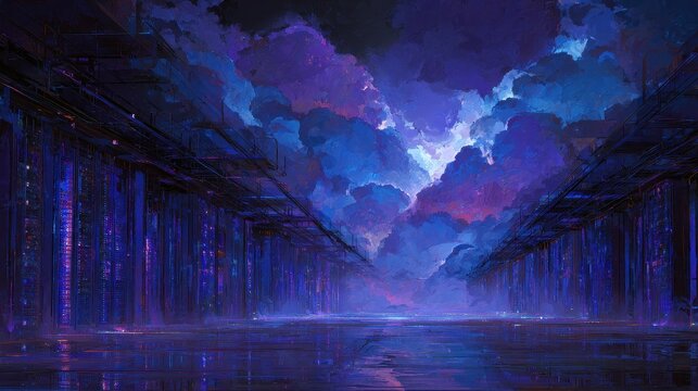 Server Room with Illuminated Racks and Dramatic Cloudscape