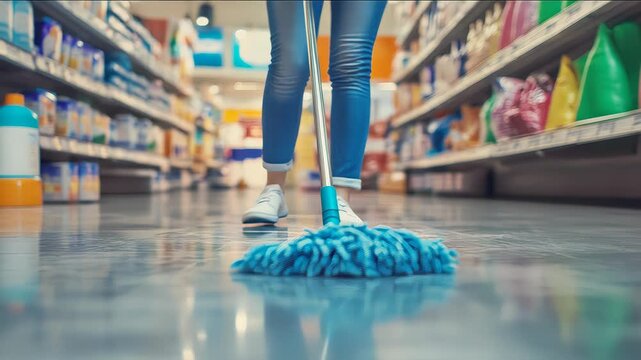 Close-up view of a hardworking woman cleaning a tiled floor with a mop
