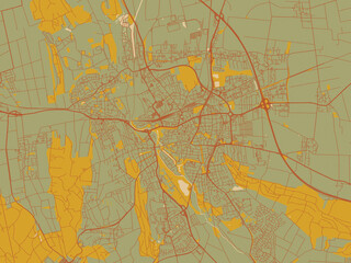 Obraz premium Stylized minimalist map of Hildesheim, Germany in sage/olive tone field with rust networks and ochre shapes, cream water.