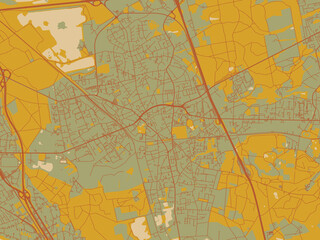 Naklejka premium Graphic flat color map of Hilden, Germany in olive backdrop with warm rust street network and ochre blocks.
