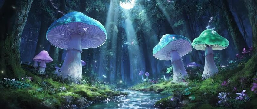 An ethereal animation of a magical forest at night with glowing mushrooms and a sparkling stream. A tranquil and mystical anime background perfect for fantasy or calm themes.