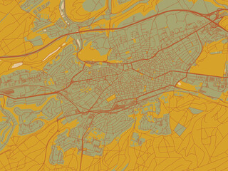 Decorative flat city map of Kaiserslautern, Germany using sage/olive tone field with rust networks and ochre shapes, cream water.