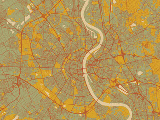 Minimalist flat city map of Koln Metropole, Germany with earthy sage background with rust roadways and ochre details.