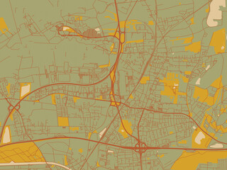 Minimalist flat city map of Langenhagen, Germany with sage green ground with rust-red roads and ochre accents.