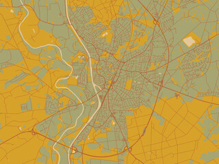 Decorative flat city map of Lingen, Germany using earthy sage background with rust roadways and ochre details.