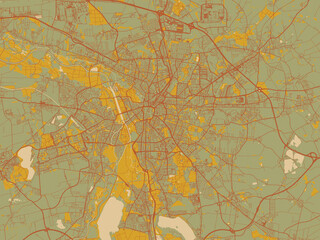 Minimalist flat city map of Leipzig, Germany with olive backdrop with warm rust street network and ochre blocks.