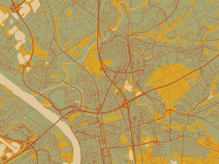 Flat painterly map of Leverkusen, Germany in sage/olive tone field with rust networks and ochre shapes, cream water.