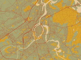 Vector-style flat map of Lubeck, Germany with earthy sage background with rust roadways and ochre details.