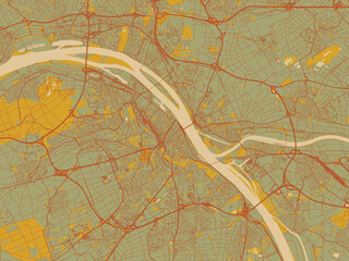Modern flat map poster of Mainz, Germany in sage/olive tone field with rust networks and ochre shapes, cream water.