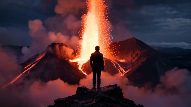 A person standing in front of an erupting volcano during a dramatic sunset