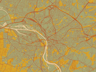Decorative flat city map of Mulheim, Germany using olive backdrop with warm rust street network and ochre blocks.