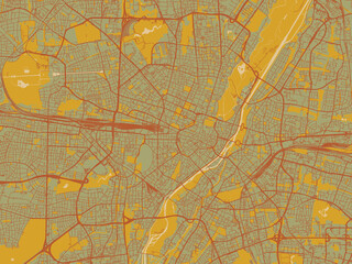 Graphic flat color map of Munchen, Germany in sage green ground with rust-red roads and ochre accents.