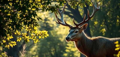 Majestic stag with antlers, sunlight dappling through leaves, habitat, trees