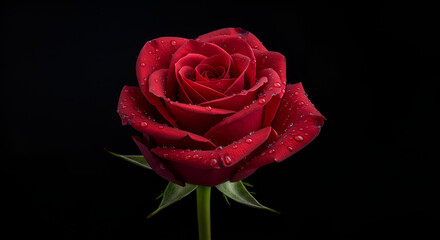 Obraz premium Stunning red rose with delicate water droplets glistens against a dramatic black backdrop, perfect for conveying love, romance, or elegant beauty