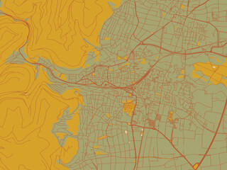 Abstract flat-design map of Neustadt an der Weinstrasse, Germany, featuring earthy sage background with rust roadways and ochre details.