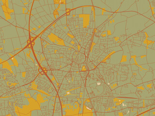 Flat painterly map of Recklinghausen, Germany in sage green ground with rust-red roads and ochre accents.