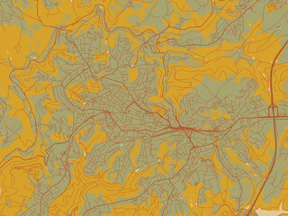 Stylized minimalist map of Remscheid, Germany in sage/olive tone field with rust networks and ochre shapes, cream water.