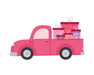 Pickup truck with gifts. Vector Illustration for printing, backgrounds, covers and packaging. Image can be used for greeting cards, posters, stickers and textile. Isolated on white background.