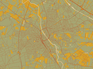 Graphic flat color map of Rheine, Germany in sage/olive tone field with rust networks and ochre shapes, cream water.