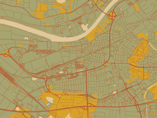 Fototapeta premium Poster-ready flat map of Russelsheim am Main, Germany, earthy sage background with rust roadways and ochre details.