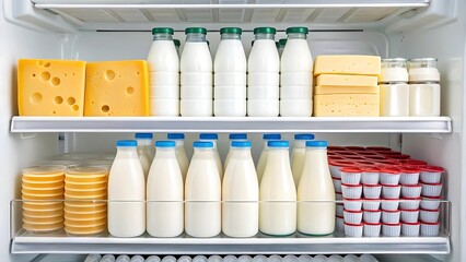 Refrigerator shelves filled with dairy products like milk, cheese, and yogurt