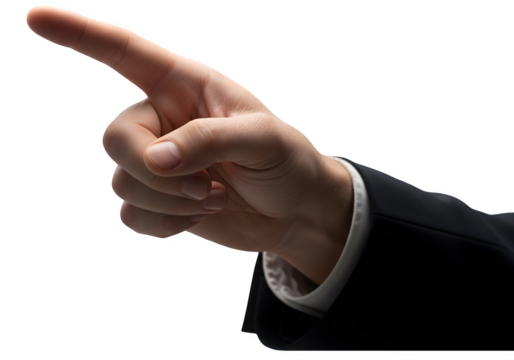 Pointing Hand in Suit: Business Gesture on Black Background, Direction, Authority, Decision Making, Professionalism, Signage, Focus, Command.
