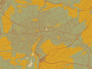 Contemporary flat map of Schwenningen, Germany design with earthy sage background with rust roadways and ochre details.